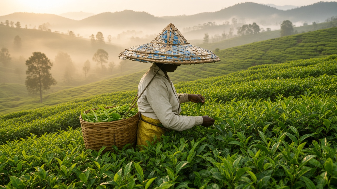 Tea estate worker picking leaves in misty Assam gardens at dawn