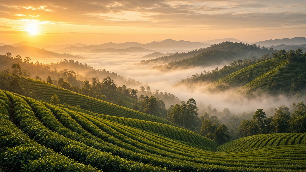 Rolling hills of a tea estate in mist